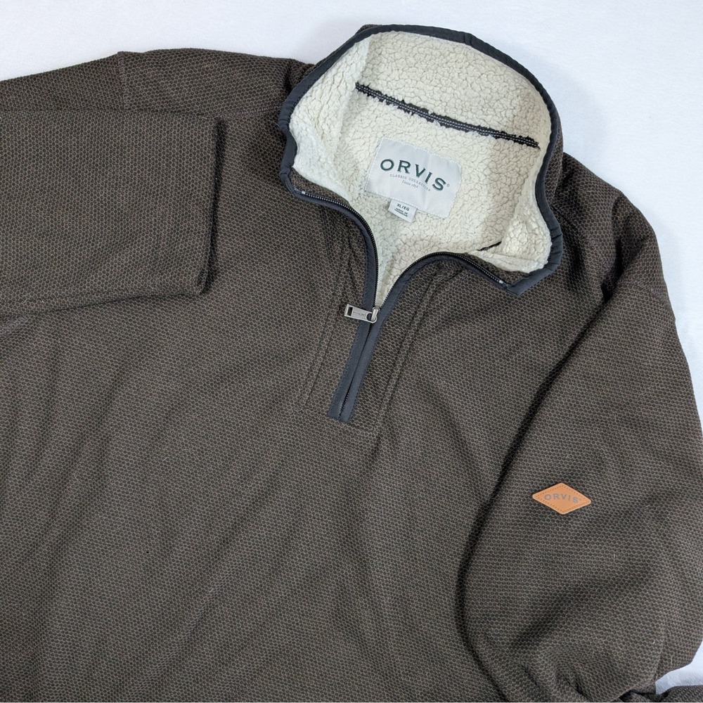 Orvis Brown Sherpa Lined Quarter 1/4 Zip Pullover Sweater Men XL Heavy Fleece